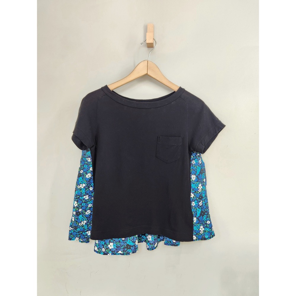 Sacai Luck T-Shirt Womens Small Black Blue Floral Mixed Media Peplum  Kidcore